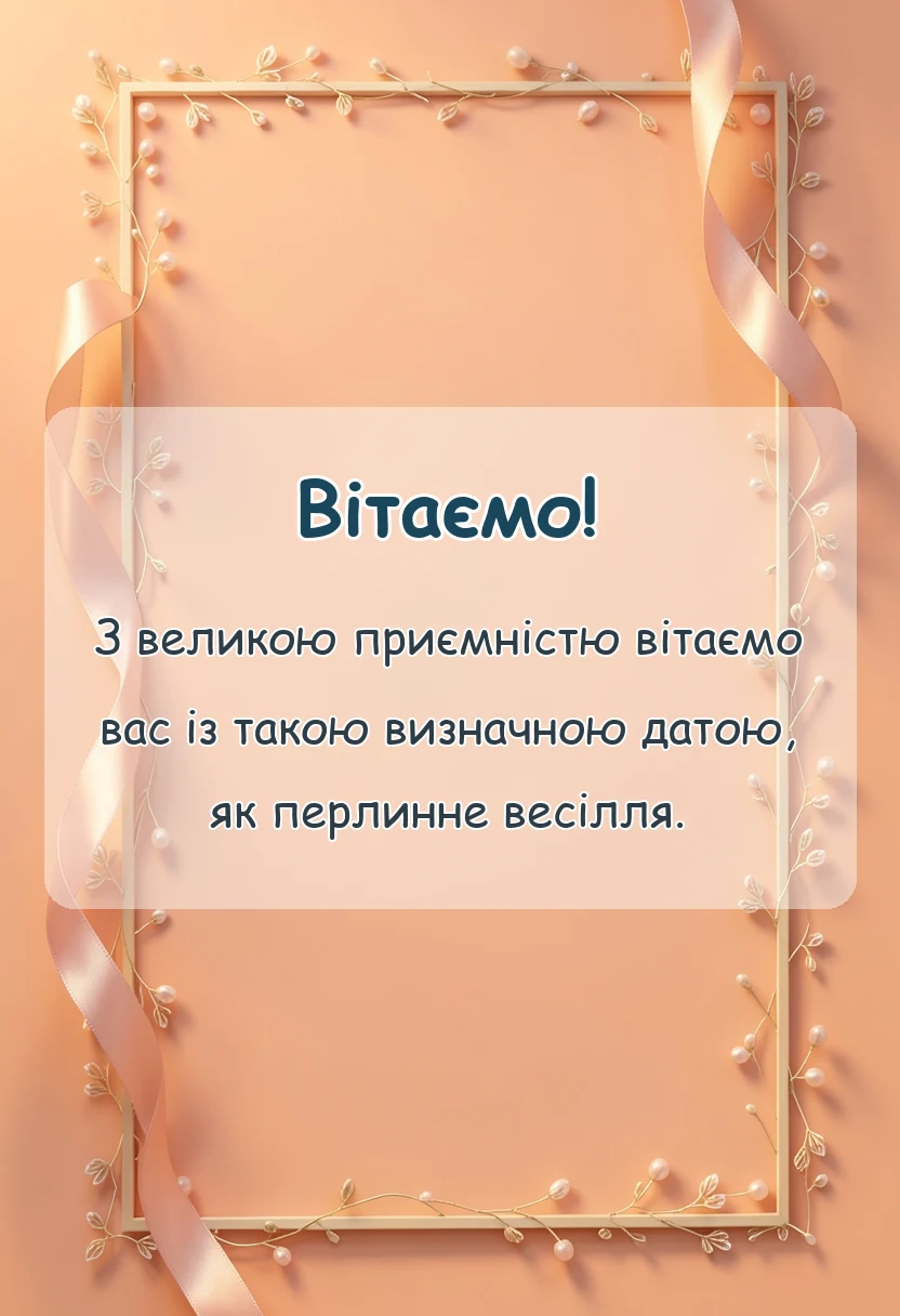 красива листівка: привітання з перлинним весіллям своїми словами