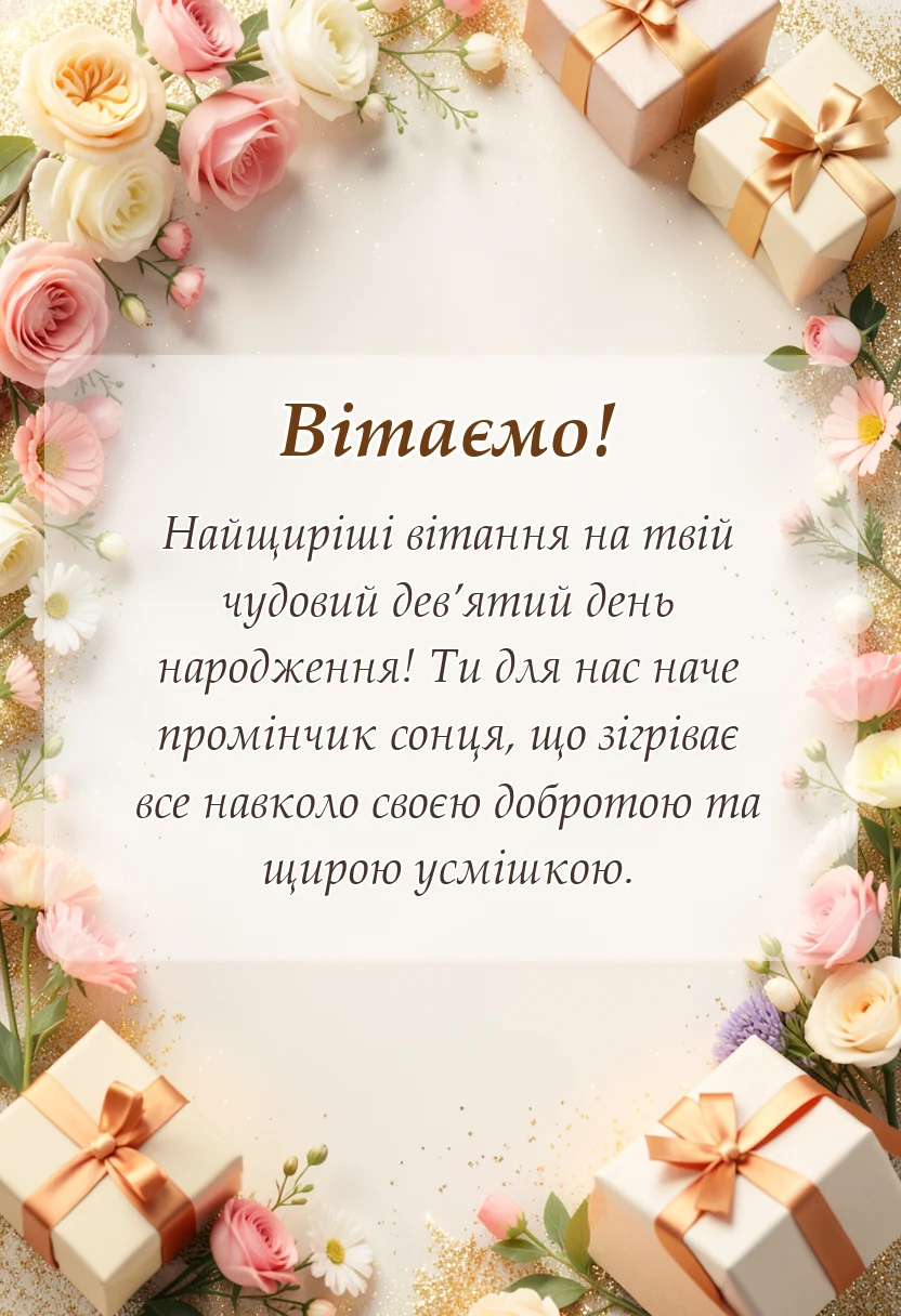 вітальна листівка - привітання з днем народження 9 років дівчинці