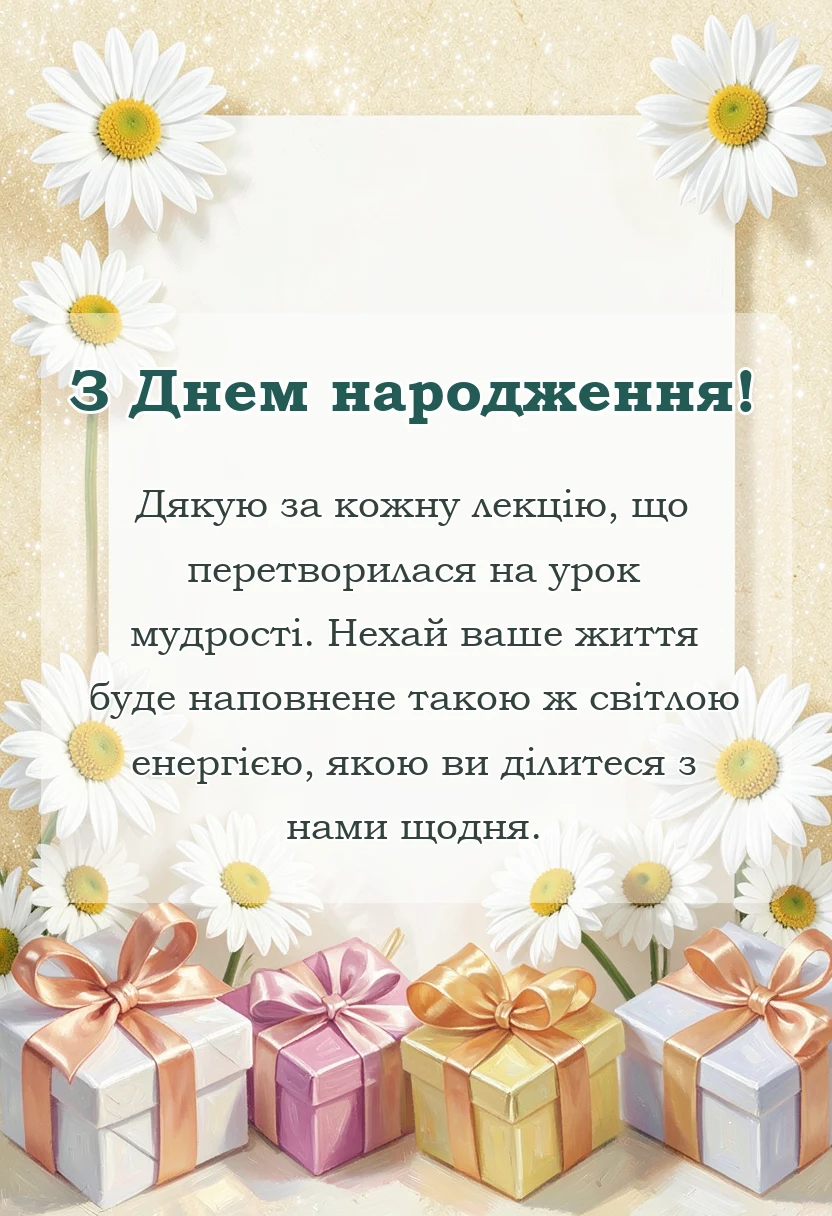 листівка з побажанням - привітання з днем народження викладачу