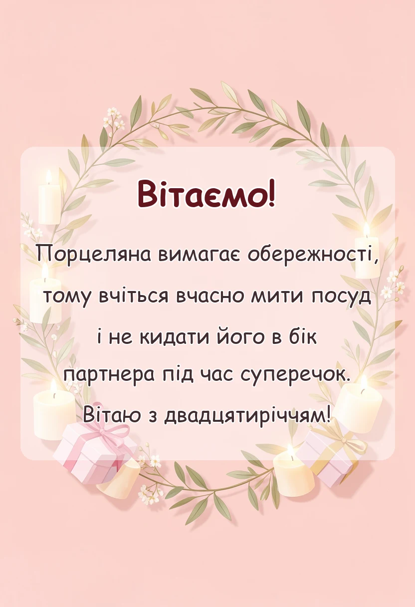 вітальна листівка - привітання традиції подарунки порцелянове весілля 20 років