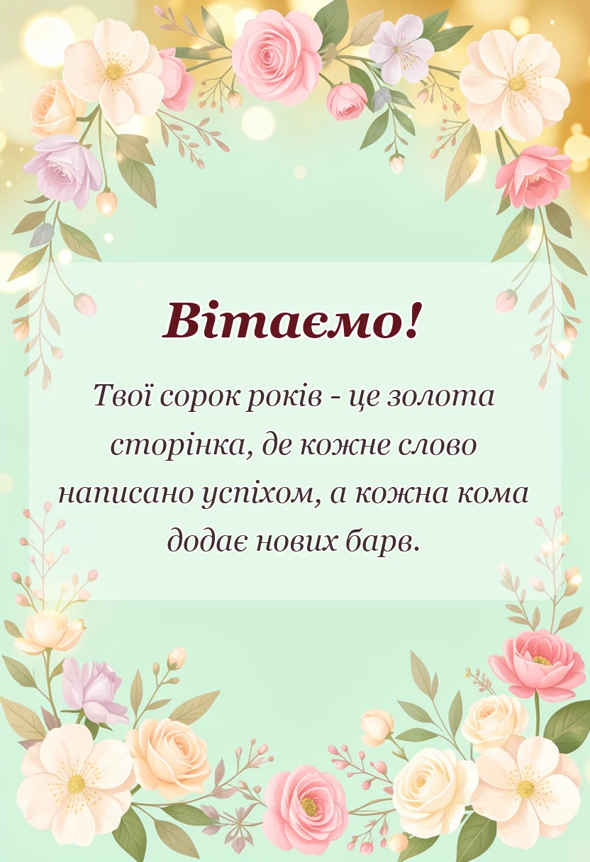 унікальна листівка - привітання з 40-річчям жінці