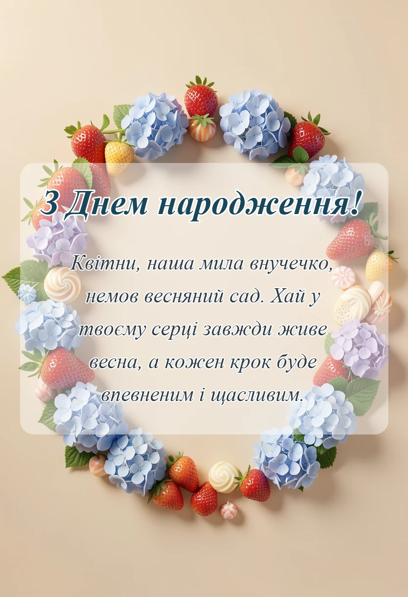 листівка з побажанням - привітання з днем народження внучки від бабусі і дідуся