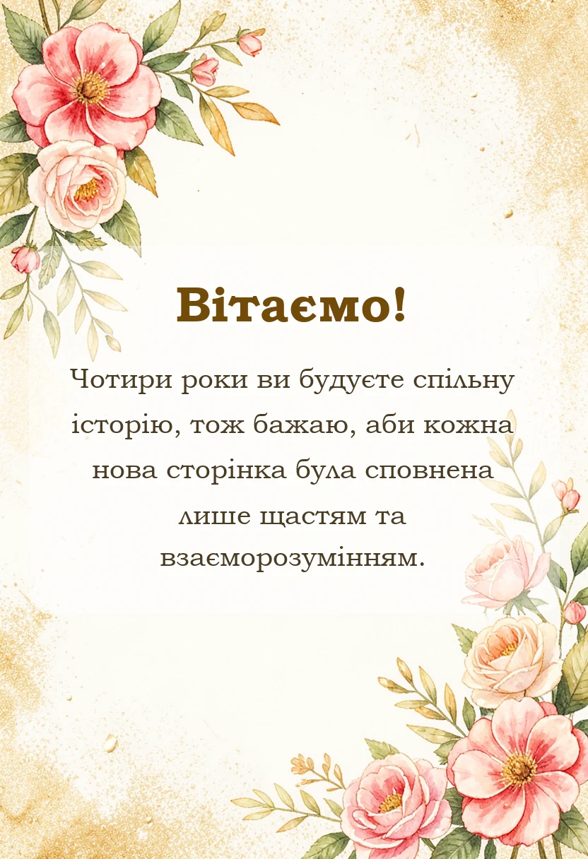 красива листівка: привітання з річницею весілля 4 роки льняне весілля