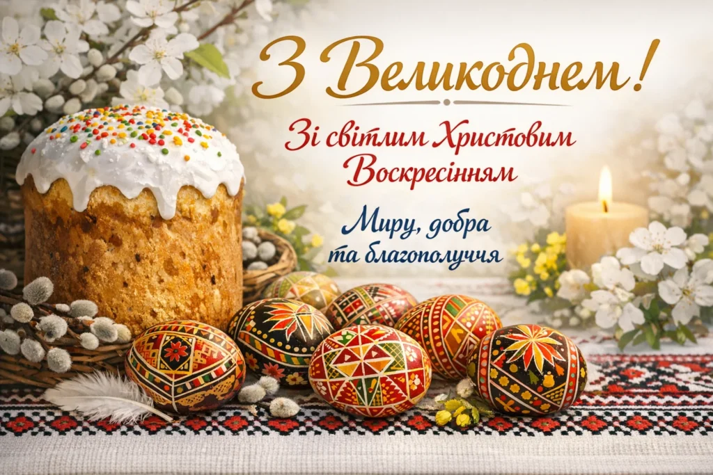 Великодні яєчка та кулич на фоні квітів