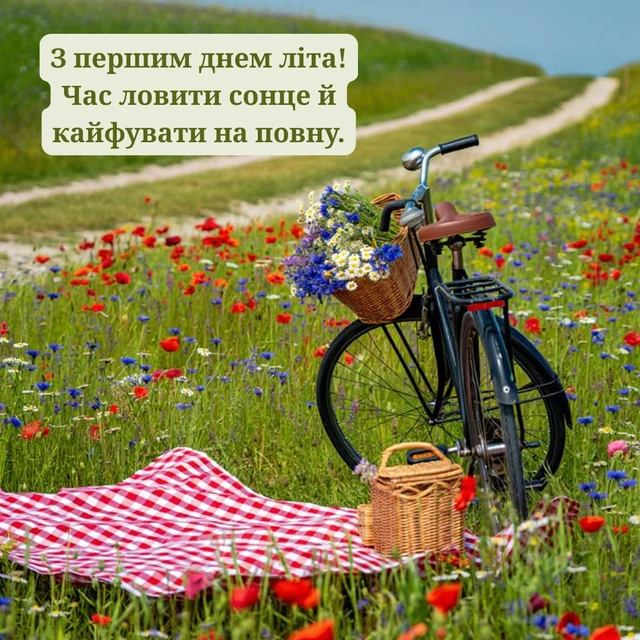 Велосипед у квітковому полі з пікніком на перший день літа.