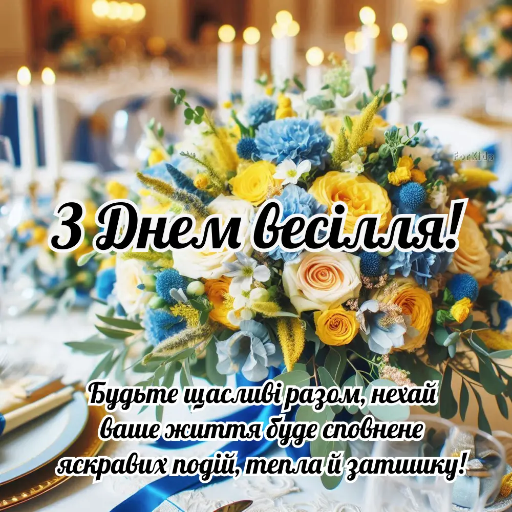 Квіти на весільному столі з побажаннями щастя.
