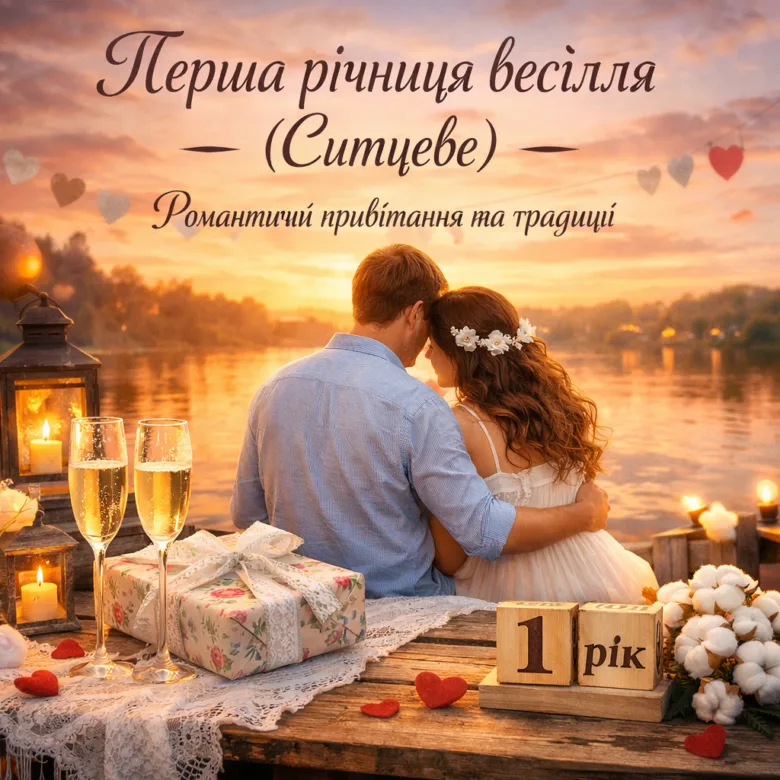 Чуєтне весілля: пара на заході сонця з подарунками та шампанським.
