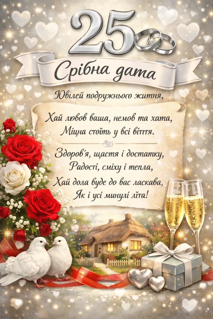 Картка до срібної весільної річниці з квітами та голубами.