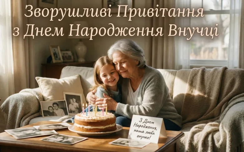 Бабуся обіймає внучку на день народження з тортам.