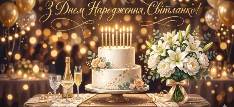 Картка з днем народження Світлані: торт, квіти та шампанське.