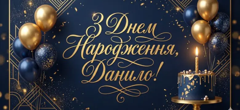 Привітання з днем народження Данило на фоні куль та торта