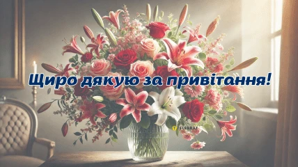Квіти в квіткарні на столі з написом українською мовою.