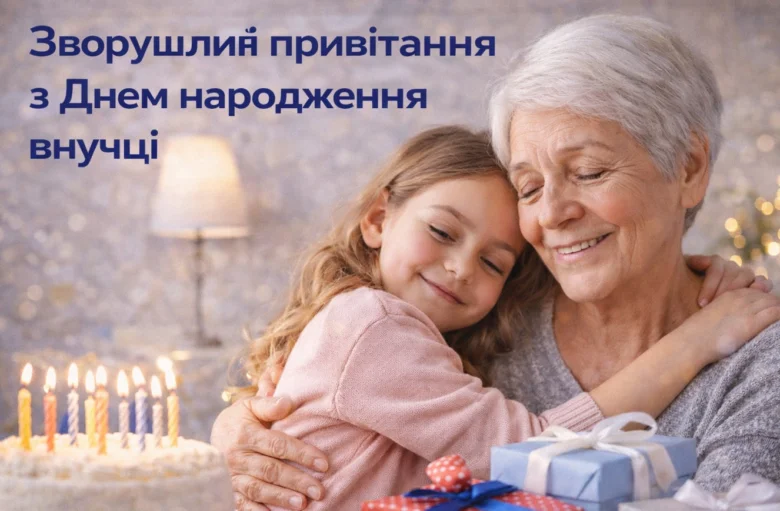 Бабуся обіймає внучку біля торта з свічками.