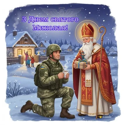 Святой Микола дарує подарунки військовому у сніжному містечку.