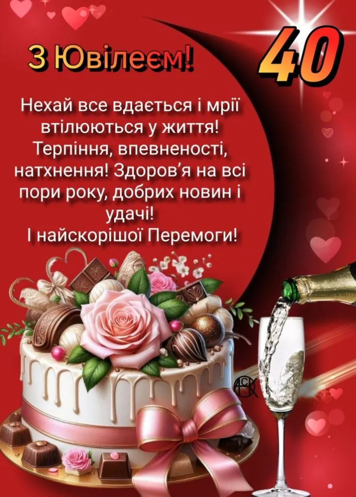 Картка з привітанням на 40-річчя жінці: торт, квіти та шампанське.
