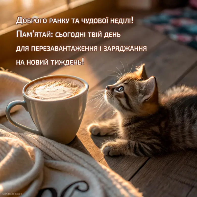 Кіт та кава з побажанням гарної недільного дня