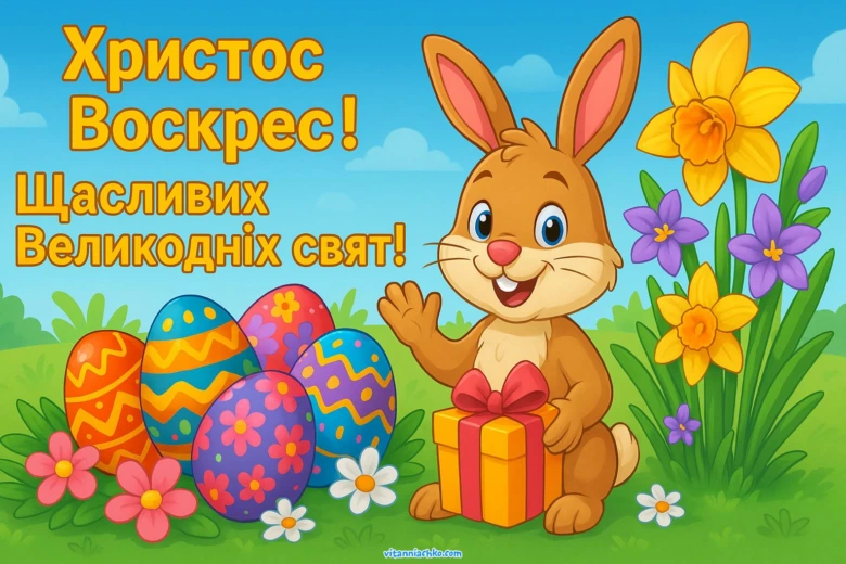 Веселий кролик з великодніми яйцями та квітами