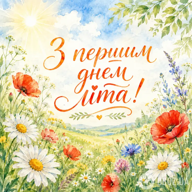 Квітковий луг під сонцем з привітанням на українській мові.