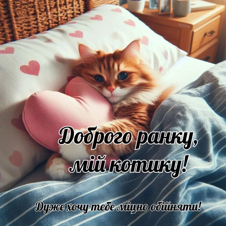 Кіт обіймає сердечко, побажання доброго ранку коханій