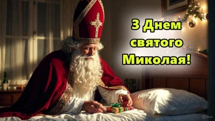 Святой Микола дарує подарунки дітям у ліжку.