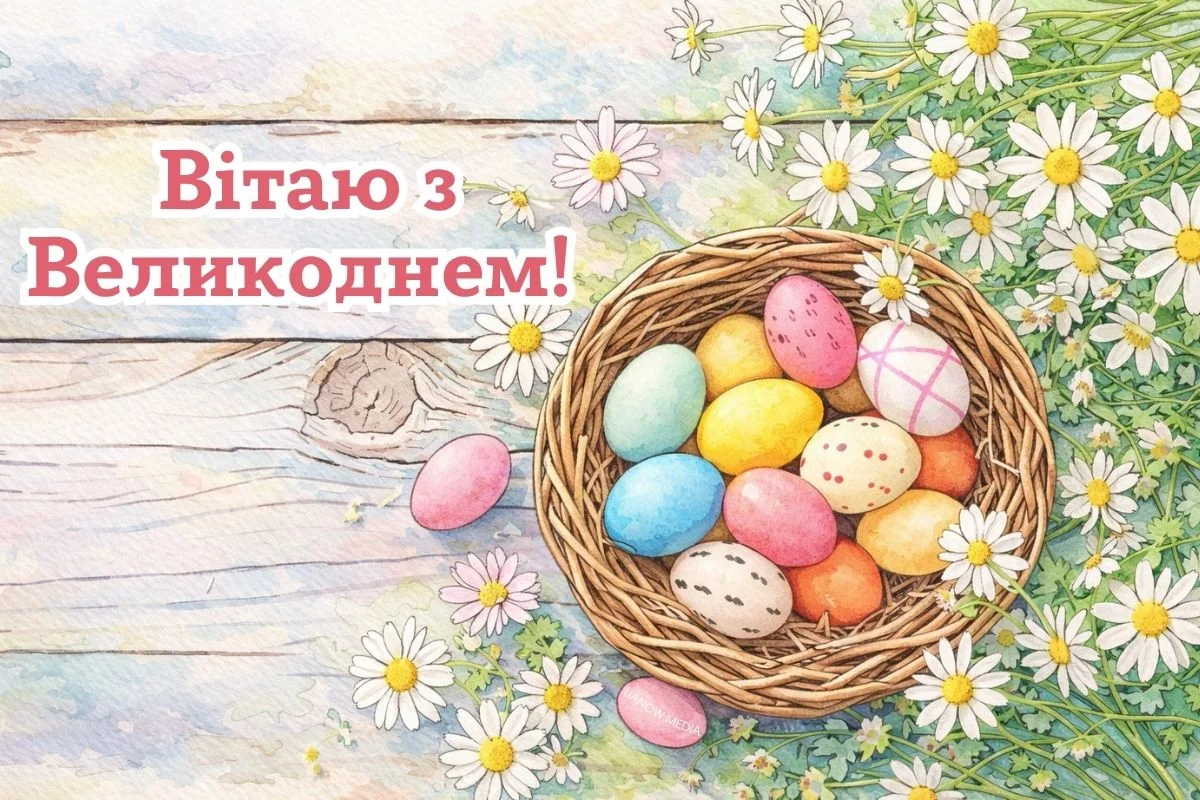 Корзинка з фарбованих яєць та ромашок на дерев'яному фоні.